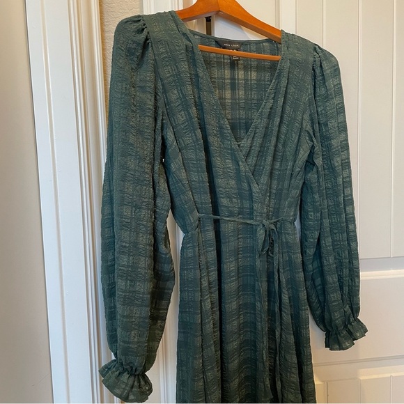 New Look Dark Green Plaid Wrap Midi Dress Long Sleeve Size 6 - Picture 5 of 8